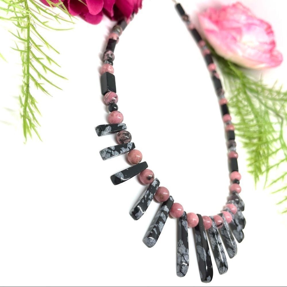 ⚜️RHODONITE SNOWFLAKE OBSIDIAN & ONYX Art Deco Stone Necklace - Picture 5 of 16
